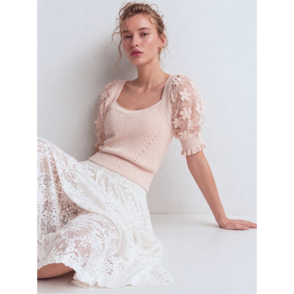 INDUSTRY Pink Floral Puff Sleeve Knit Top XS